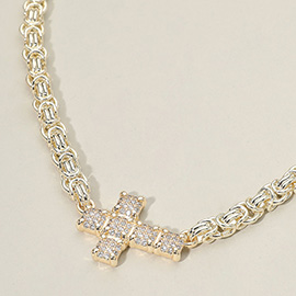 14K Gold Plated CZ Stone Paved Cross Accent Abstract Chain Necklace