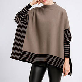 Striped Hem Mock Neck Asymmetrical Poncho