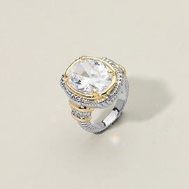Classic Oval CZ Stone Center Two Tone Statement Ring