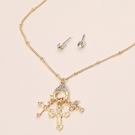 Stone Paved Interchangeable Triple Cross Charm Pendant Necklace
