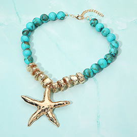 Bold Texture Metal Starfish Pendant Accent Beaded Statement Necklace
