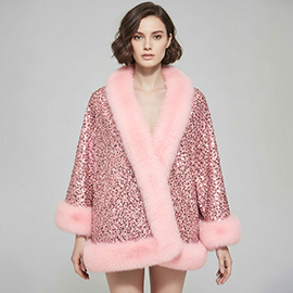 Festive Sequin Faux Fur Trim Shawl Poncho