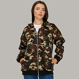 Rhinestone Studded Camouflage Pattern Hooded Jacket