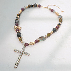 Bold Stone Cluster Cross Pendant Accent Muli Pebble Beaded Statement Necklace