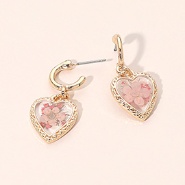 Flower Encased Heart Drop Dangle Earrings