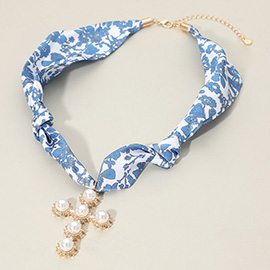 Pearl Cross Pendant Fabric Scarf Necklace