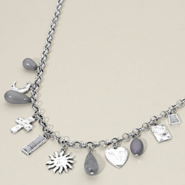 Sunburst Cross Heart Teardrop Stone Charm Station Necklace