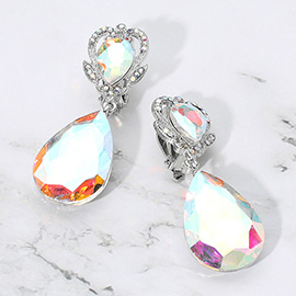 Ornate Top Faceted Teardrop Stone Dangle Clip On Evening Earrings