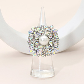 Pearl Centered Rhinestone Embellished Blossom Stretch Statement Ring