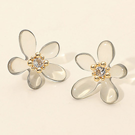 Round Center Stone Accent Transparent Resin Petal Flower Earrings