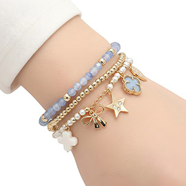 3PCS - Quatrefoil Bow Heart Cross Charm Pearl Metal Ball Faceted Beaded Stretch Multi Layered Bracelets