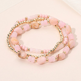3PCS - Resin Pebble Metal Ball Beaded Stretch Multi Layered Bracelets