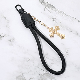 Cross Charm Drop Faux Leather Wristlet Keychain Bag Charm