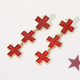 Triple Tiered Link Sparkle Cross Drop Earrings