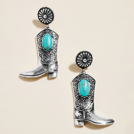 Oval Turquoise Stone Accent Vintage Boho Western Boot Dange Earrings