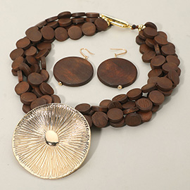 Bold Textured Metal Disc Accent Wooden Disc Beaded Multi Layered Statement Necklace