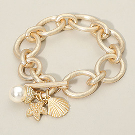 14K Gold Plated Pearl Starfish Shell Charm Chunky Chain Toggle Bracelet
