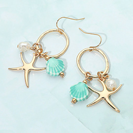 Metal Starfish Ceramic Shell Pearl Charm Drop Earrings