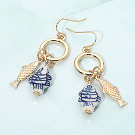 Nautical Metal Ceramic Fish Charm Drop Earrings