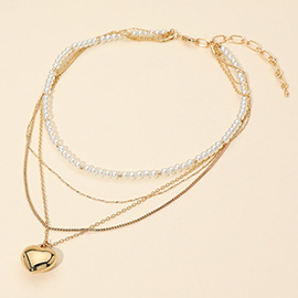 Puffy Metal Heart Pendant Accent Pearl Beaded Multi Chain Layered Necklace