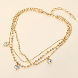 Heart Stone Charm Station Triple Layered Beaded Chain Necklace