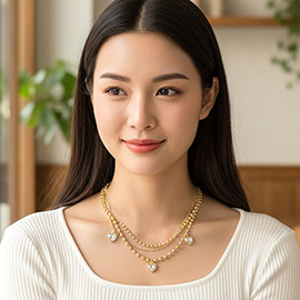 Heart Stone Charm Station Triple Layered Beaded Chain Necklace