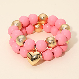 2PCS - Chunky Heart Charm Wooden Metal Ball Beaded Stretch Multi Layered Bracelets