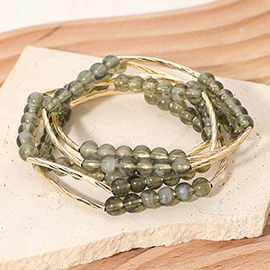 5PCS -Round Ball Curved Textured Bar Beaded Stretch Multi Layered Bracelets