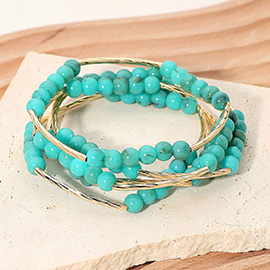 5PCS -Round Ball Curved Textured Bar Beaded Stretch Multi Layered Bracelets