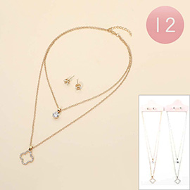 12PCS - Stone Paved Open Quatrefoil Stone Bezel Pendant Layered Necklaces