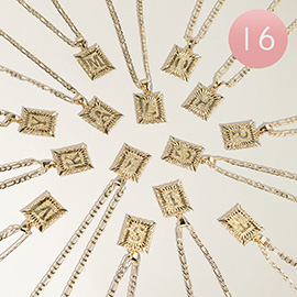 16PCS - Gold Dipped Textured Monogram Square Pendant Necklaces
