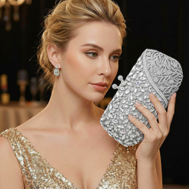 Floral Leaf Crystal Frame Evening Clutch Bag