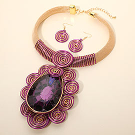 Bold Teardrop Stone Centered Metal Swirl Embellished Statement Necklace