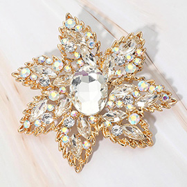Oval Stone Center Rhinestone Studded Floral Statement Pin Brooch