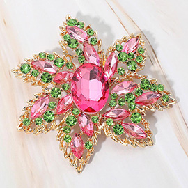 Oval Stone Center Rhinestone Studded Floral Statement Pin Brooch