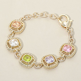 14K Gold Plated Multi Color Square CZ Stone Cushion Link Bracelet
