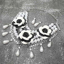 Bold Faux Leather Floral Embellished Pearl Strand Statement Necklace