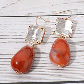 Rectangular Stone Cluster Accent Marbled Resin Pebble Drop Dangle Earrings