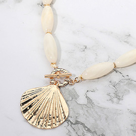 Textured Metal Shell Toggle Pendant Chunky Oval Resin Beaded Statement Necklace