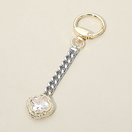 14K Gold Plated Two Tone CZ Stone Quatrefoil Charm Drop Keychain Bag Charm