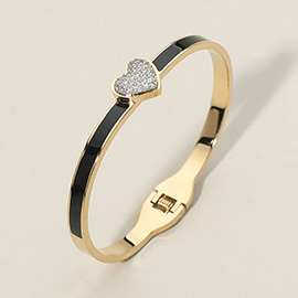 Stainless Steel CZ Stone Paved Heart Accent Hinged Bangle Bracelet