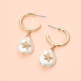Starfish Accent Organic Shape Pearl Drop Hoop Earrings
