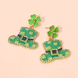 St Patricks Day Shamrock Hat Dangle Earrings