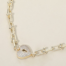 14K Gold Plated CZ Stone Paved Heart Lock Pendant Industrial Chain Link Necklace