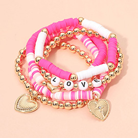 5PCS - Heart Charm LOVE Message Metal Ball Heishi Beaded Stretch Multi Layered Bracelets