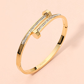 Stainless Steel Stone Paved Nail Head Tip Hinged Bangle Bracelet