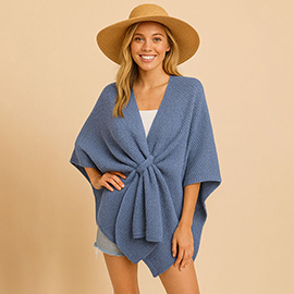 Front Tie Textured Knit Wrap Shawl Poncho