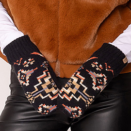 Ribbed Cuff Aztec Patterned Knit Winter Mittens