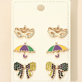 3Pairs - Mardi Gras Mask Umbrella Bow Stud Earring Set