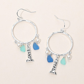 Lighthouse Sea Glass Charm Drop Open Ring Dangle Earrings